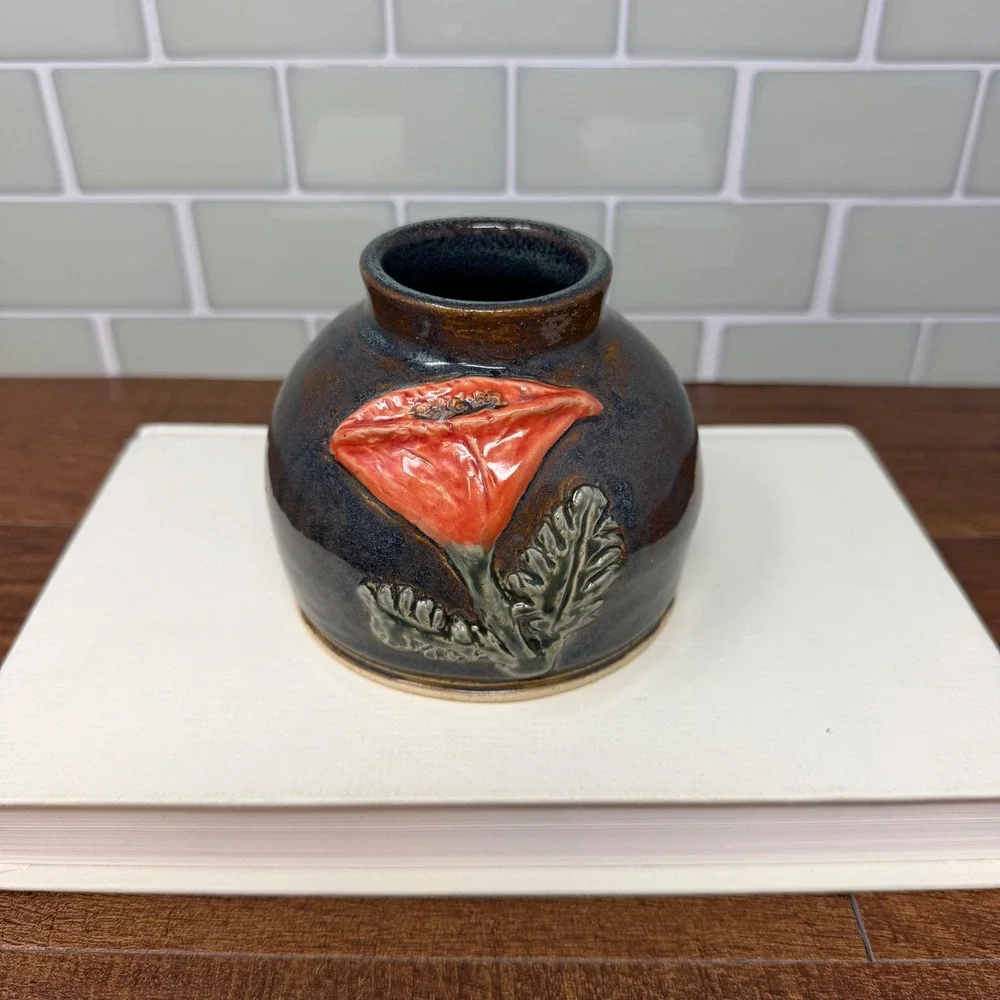 Signed EMS Studio Pottery Poppy Weed Pot Vase Teal Brown Handcrafted 1.25lbs
